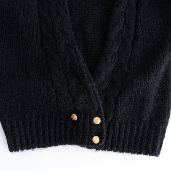 Vintage Eaton Black 50% Wool Open Face Cardigan with Buttons Size GL - Picture 7 of 10